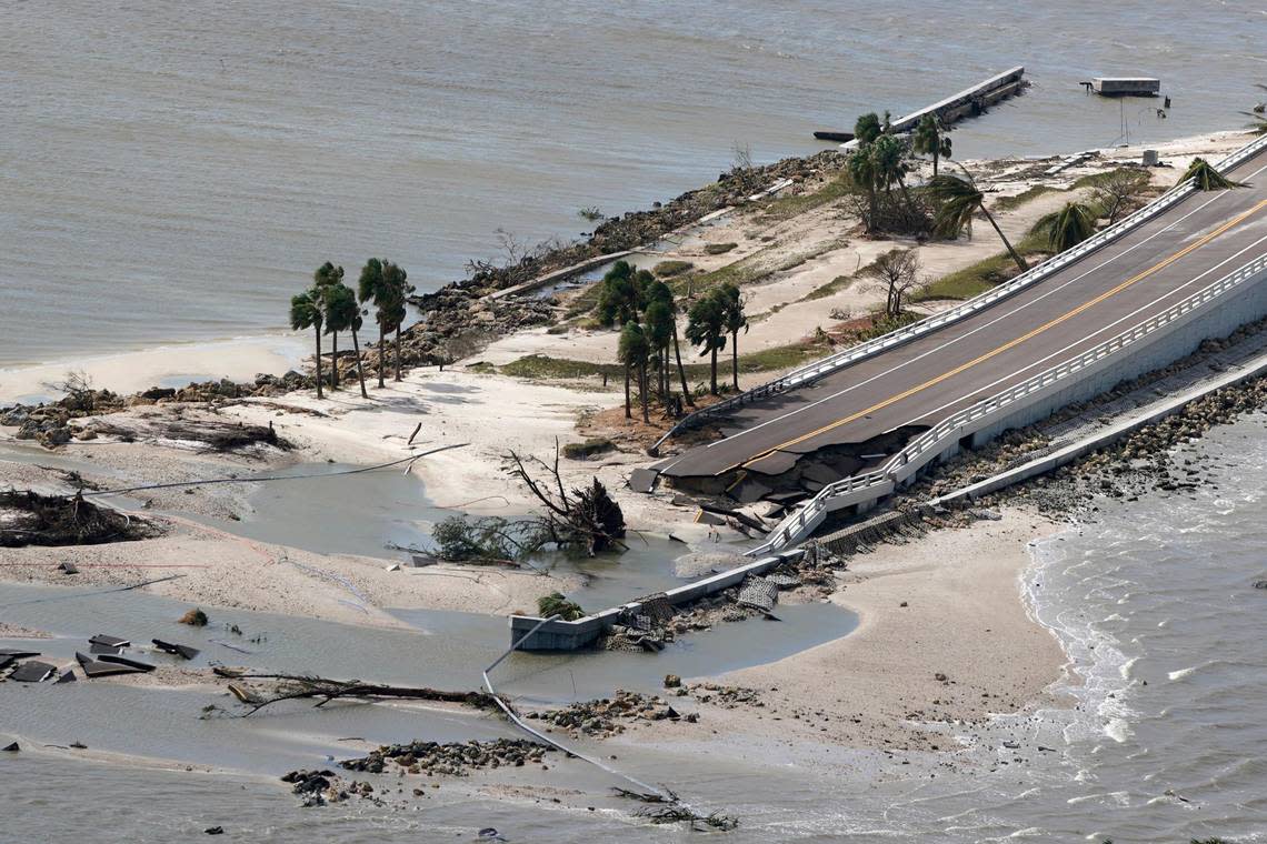 A damaged causeway to Sanibel Island is seen in the aftermath of Hurricane Ian , Thursday, Sept. 29, 2022, near Sanibel Island, Fla. (AP Photo/Wilfredo Lee)