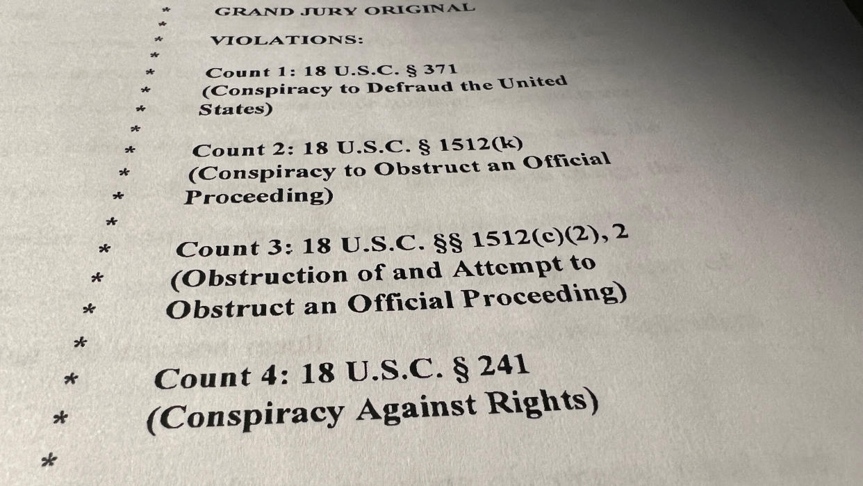 The list of four charges in an indictment against Donald Trump arising from efforts to overturn his 2020 election defeat. 