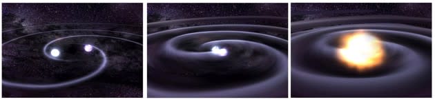 An artist’s rendition of what happens when two stars orbit each other and merge—resulting in gravitational waves. (NASA / CXC / GSFC / T.Strohmayer)