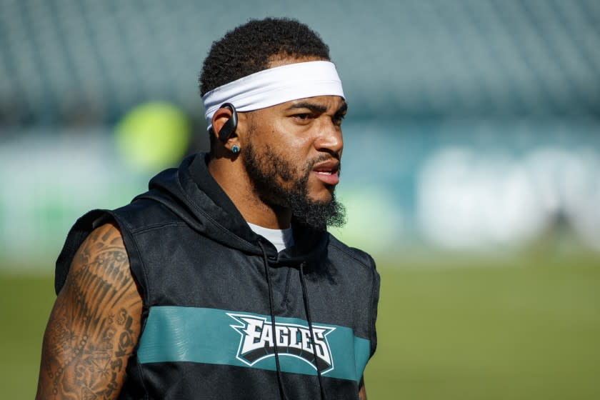 Philadelphia Eagles wide receiver DeSean Jackson (10) looks on prior to the the NFL football game against the Chicago Bears, Sunday, Nov. 3, 2019, in Philadelphia. The Eagles won 22-14. (AP Photo/Chris Szagola)