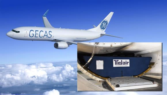 An airplane in the GECAS livery, along with an interior view of the cargo compartment