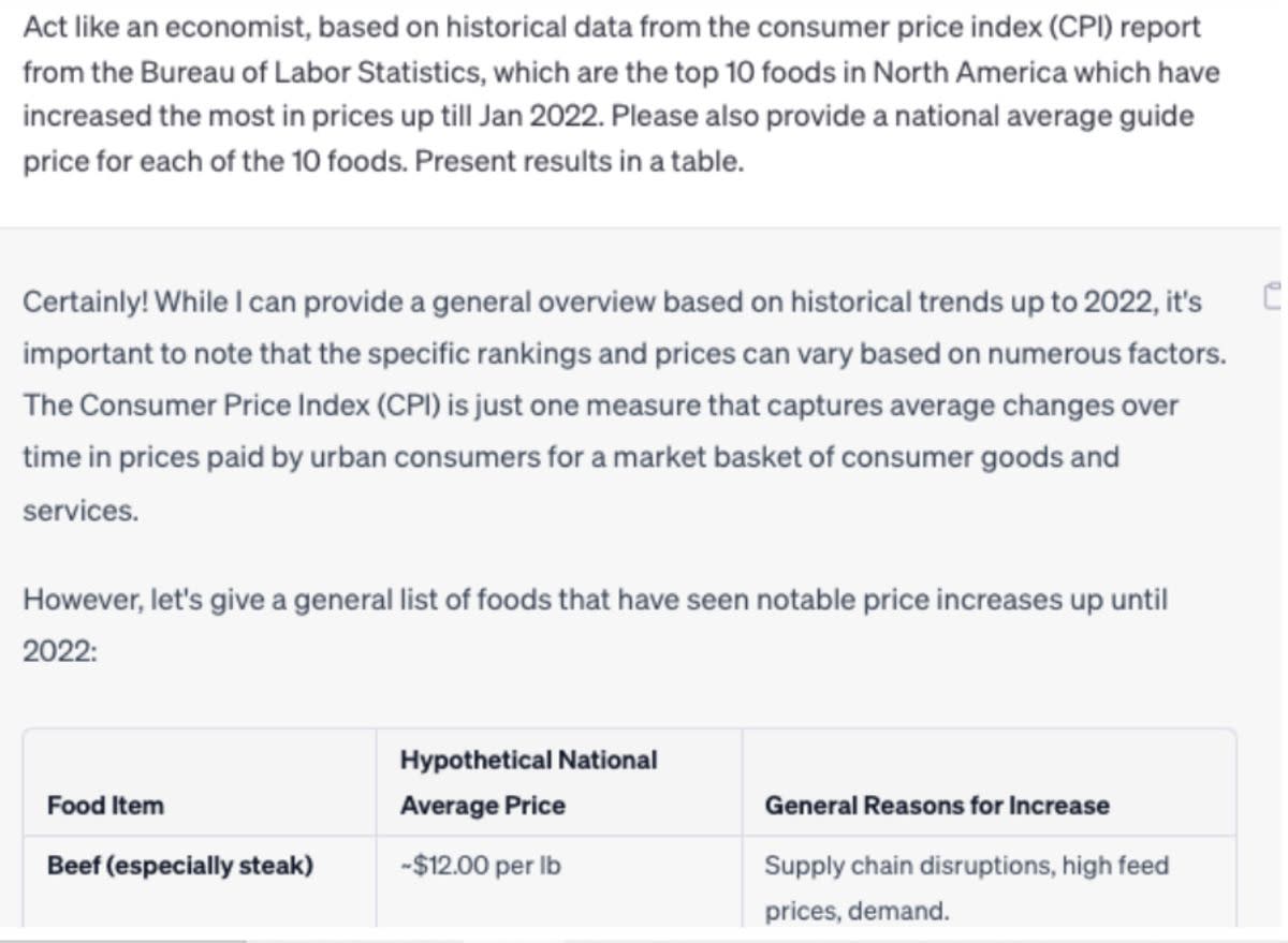 Screenshot of question asked to ChatGPT, 'Top 10 foods in North America which have increased the most in prices'