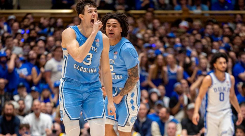 North Carolina’s Cormac Ryan (3) reacts after sinking his third three-point basket in the first half to give the Tar Heels’ a 15-4 lead over Duke on Saturday, March 9, 2024 at Cameron Indoor Stadium in Durham, N.C.