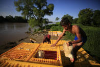 A boy repacks chickens more densely, to be loaded onto inner tube and plank rafts and taken across the Suchiate River to Guatemala, in Ciudad Hidalgo, Mexico, Saturday, June 15, 2019. A free flow of goods and people crossing by raft has fueled the economy on both sides of the river as long as residents can remember, and many worry that the arrival of the National Guard could hurt business. (AP Photo/Rebecca Blackwell)