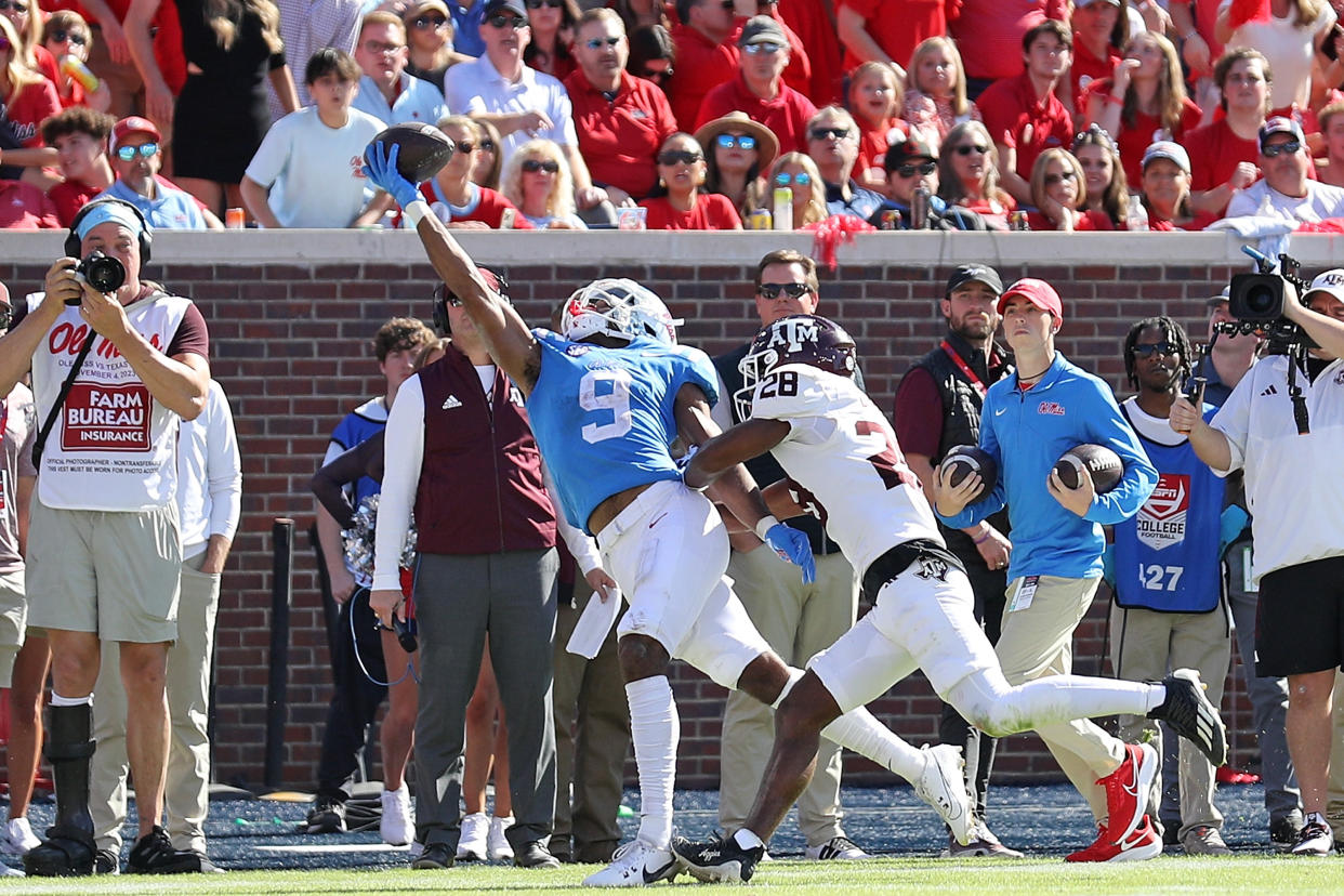 Ole Miss WR Tre Harris with an unbelievable grab. (Justin Ford/Getty Images)