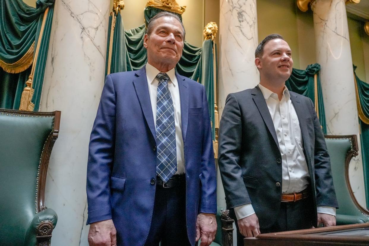 Senate President Dominick Ruggerio, left, and his No. 2, Majority Leader Ryan Pearson, in the Senate chamber on Dec. 20, 2022. Weeks ago, Ruggerio said, Pearson paid him a visit to talk about a succession plan. Ruggerio said his reply was that he had "no intention of leaving at this time."