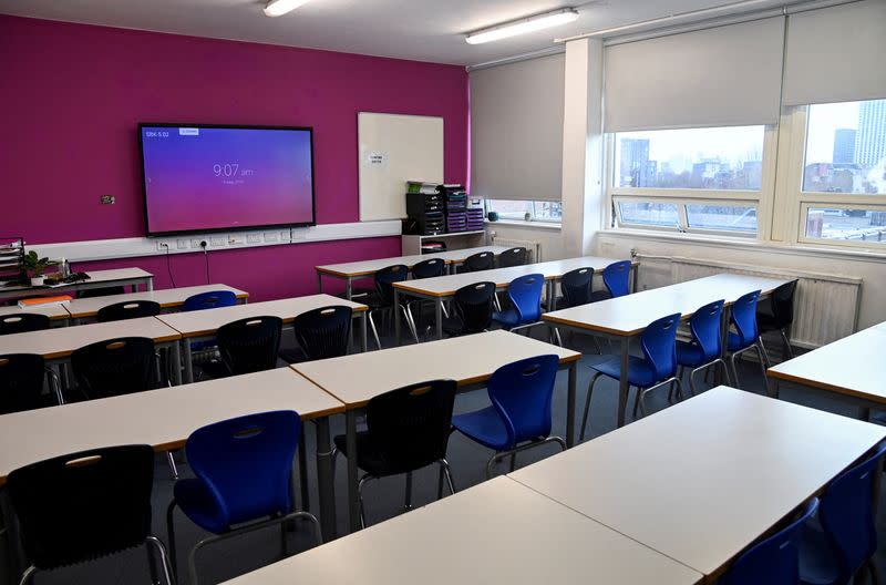 FILE PHOTO: A general view of a classroom at Oasis Academy South Bank, ahead of expected teacher strikes, in London