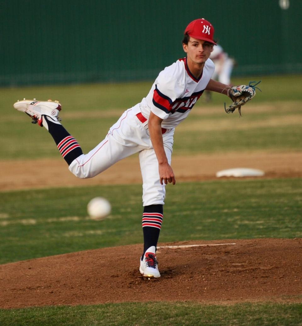 Jim Ned's Blaine Palmer throws a pitch against Wall on March 17 in Tuscola.