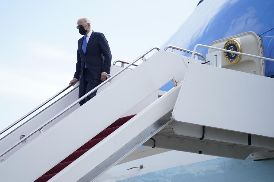 President Joe Biden exits Air Force One as he arrives at Bradley International Airport, Friday, Oct. 15, 2021, in Windsor Locks, Conn. (AP Photo/Evan Vucci)