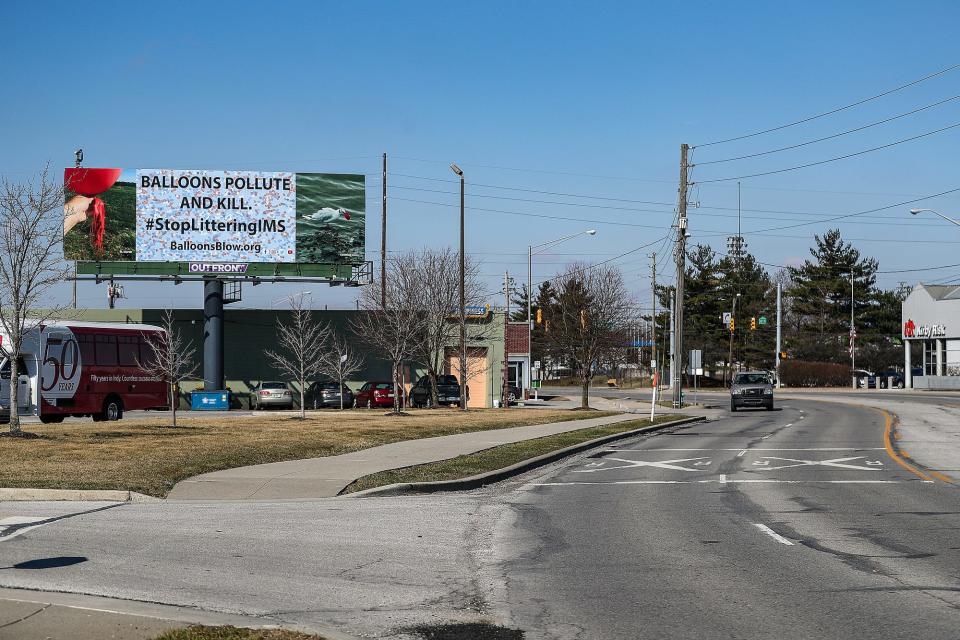 A billboard message calls on Indianapolis Motor Speedway to retire its decades-old tradition of releasing thousands of balloons on race morning, seen on 16th street,  just west of the intersection with Indiana Avenue in Indianapolis on Monday, March 18, 2019. The billboard, commissioned by environmental activism and education website BalloonsBlow.org, was funded by donations and a grant from the Fund for Wild Nature. 