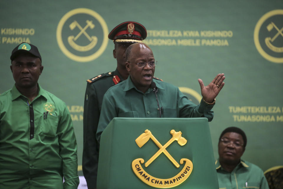 President John Magufuli speaks at the national congress of his ruling Chama cha Mapinduzi (CCM) party in Dodoma, Tanzania Saturday, July 11, 2020. Tanzania's ruling party on Saturday nominated President John Magufuli to run for a second five-year term, while opposition parties and human rights groups demand an independent electoral body to oversee the October vote. (AP Photo)