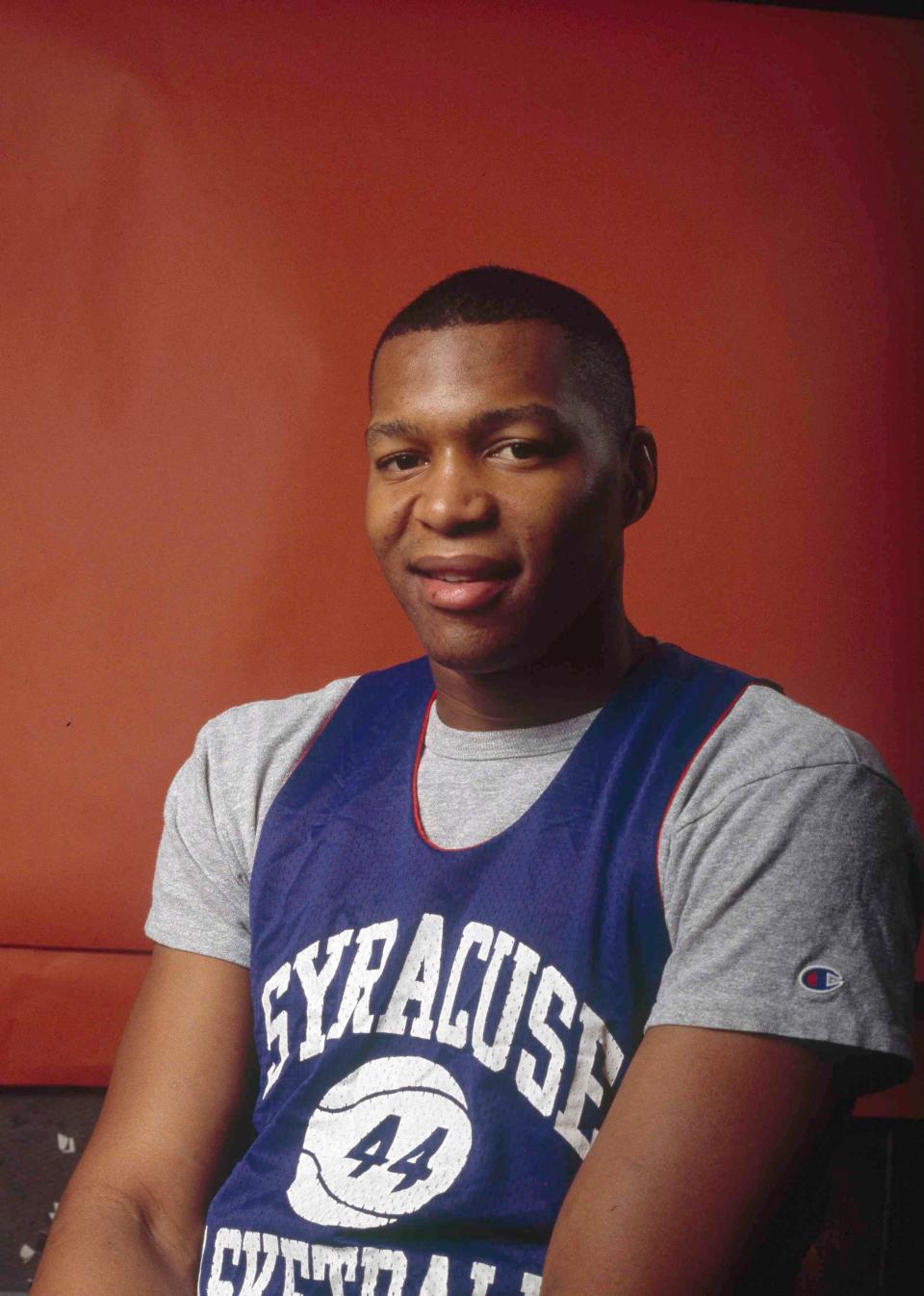 Derrick Coleman, as he was photographed in 1990 as a member of the Syracuse University basketball team. Before enrolling at Syracuse, Coleman was a standout player at Detroit Northern High School and played in the 1986 McDonald's All-American Game at Joe Louis Arena.
