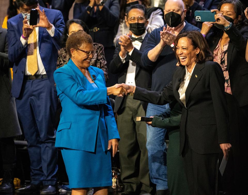 December 11, 2022: Karen Bass, the first Black woman elected Los Angeles mayor, left, is sworn in by Vice President Kamala Harris, a longtime friend and former California attorney general in Los Angeles, Calif.