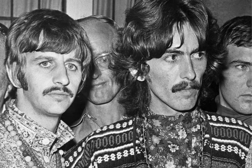 Ringo Starr (left) and George Harrison (right) of The Beatles face the press on the news that their manager Brian Epstein has died. The group has heard the news whilst on a meditation weekend in Bangor, north Wales.  Picture taken 27th August 1967