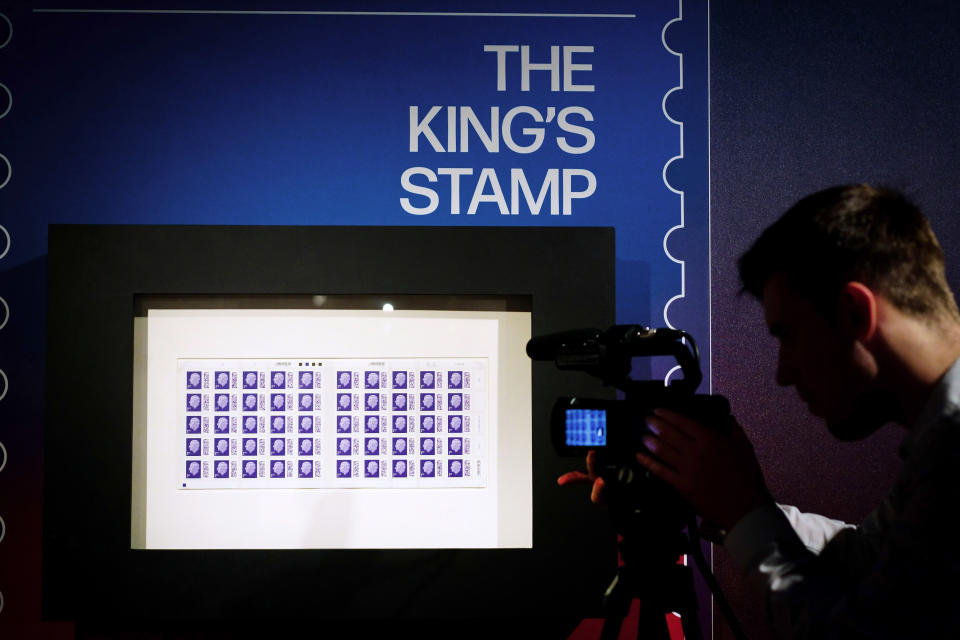 One of the first sheets of the 1st class definitive stamp featuring King Charles III goes on display at the Postal Museum in central London, before they enter circulation later this year. The image used of the King, which shows him facing to the left, is an adapted version of the portrait created by Martin Jennings for the Royal Mint for the obverse of the new UK coinage. Picture date: Tuesday February 7, 2023. (Photo by Victoria Jones/PA Images via Getty Images)