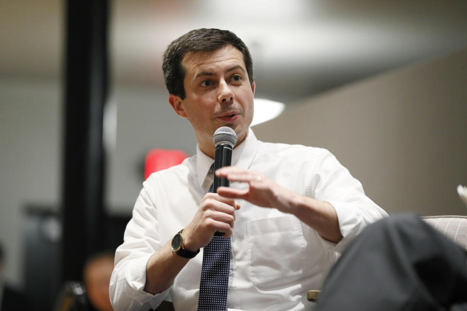 Democratic presidential candidate South Bend, Ind., Mayor Pete Buttigieg speaks during the Iowa Farmers Union Presidential Forum, Friday, Dec. 6, 2019, in Grinnell, Iowa. (AP Photo/Charlie Neibergall)