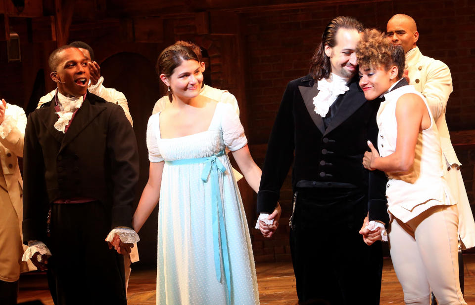 Leslie Odom Jr., Phillipa Soo, Lin-Manuel Miranda and Ariana DeBose take their final curtain call for their final Broadway show of "Hamilton" at the Richard Rogers Theatre on July 9, 2016. (Photo: Bruce Glikas via Getty Images)