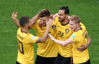 <p>Belgium’s Thomas Meunier celebrates scoring their first goal with team mates (REUTERS/Anton Vaganov) </p>