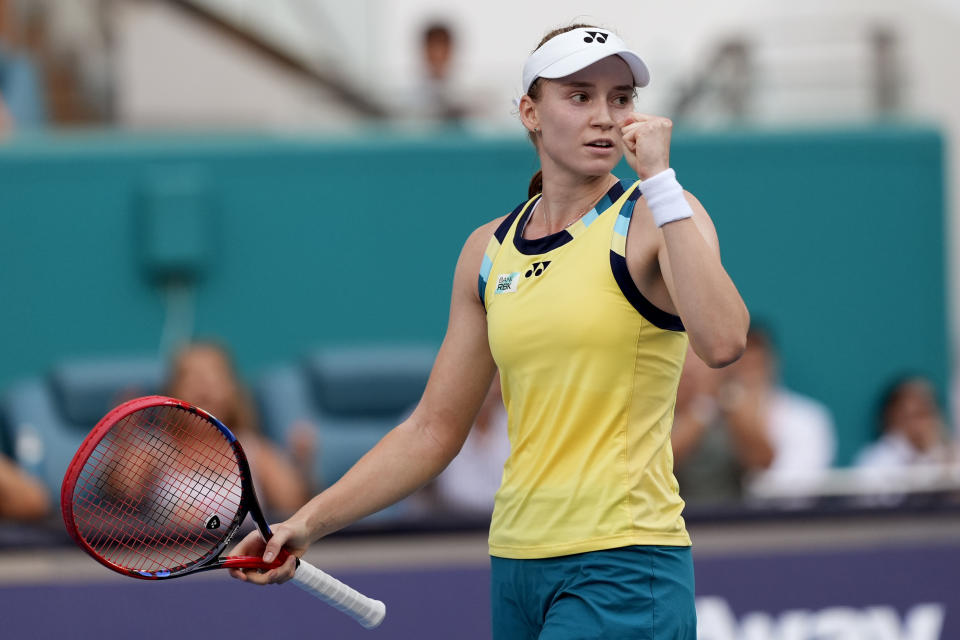 Elena Rybakina, of Kazakhstan, reacts after defeating Victoria Azarenka, of Belarus, during a quarterfinal match at the Miami Open tennis tournament, Thursday, March 28, 2024, in Miami Gardens, Fla. (AP Photo/Lynne Sladky)