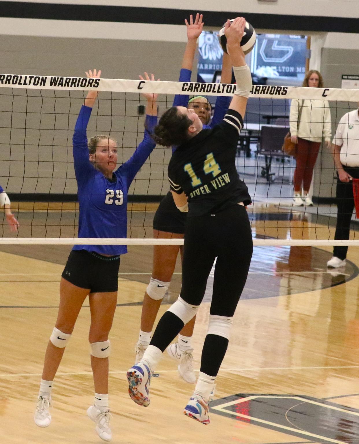 River View's Haley Balo delivers a hit during Saturday's Division II district final win over East Liverpool last season. Balo is one of the top returners in the MVL as the Black Bears aim for another long tournament run.