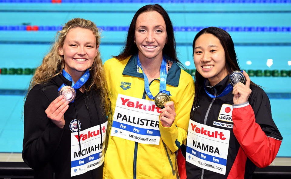 Lani Pallister, pictured here with her gold medal alongside silver medallist Miyu Namba of Japan and bronze medallist Kensey McMahon of the US.