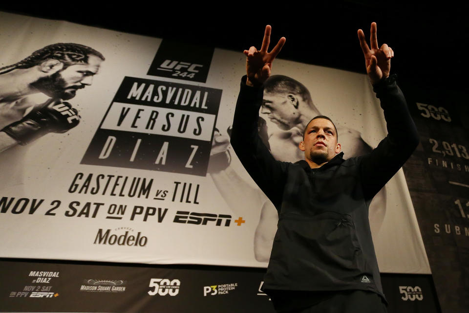 NEW YORK, NEW YORK - OCTOBER 30:  UFC fighter Nate Diaz waves to the crowd during open workouts for UFC 244 at The Hulu Theater at Madison Square Garden on October 30, 2019 in New York City. (Photo by Mike Stobe/Zuffa LLC)
