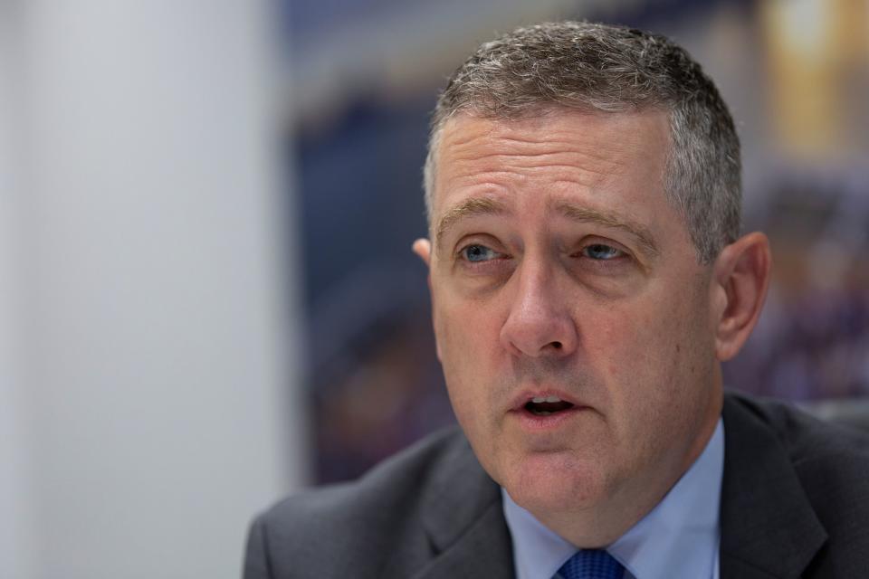 President and CEO of the Federal Reserve Bank of St. Louis James Bullard speaks during an interview with AFP in Washington, DC, on August 6, 2019. - The Federal Reserve has set US interest rates "in the right neighborhood," but will watch how the economy reacts to factors like the trade war, James Bullard, a key member of the central bank policy board, told AFP on Tuesday. However, Bullard, president of St Louis Federal Reserve Bank, said the Fed "can't realistically move monetary policy in a tit-for-tat trade war." Still, policymakers have "already done quite a bit" to help the economy and account for the uncertainty surrounding President Donald Trump's trade wars. (Photo by Alastair Pike / AFP)        (Photo credit should read ALASTAIR PIKE/AFP via Getty Images)