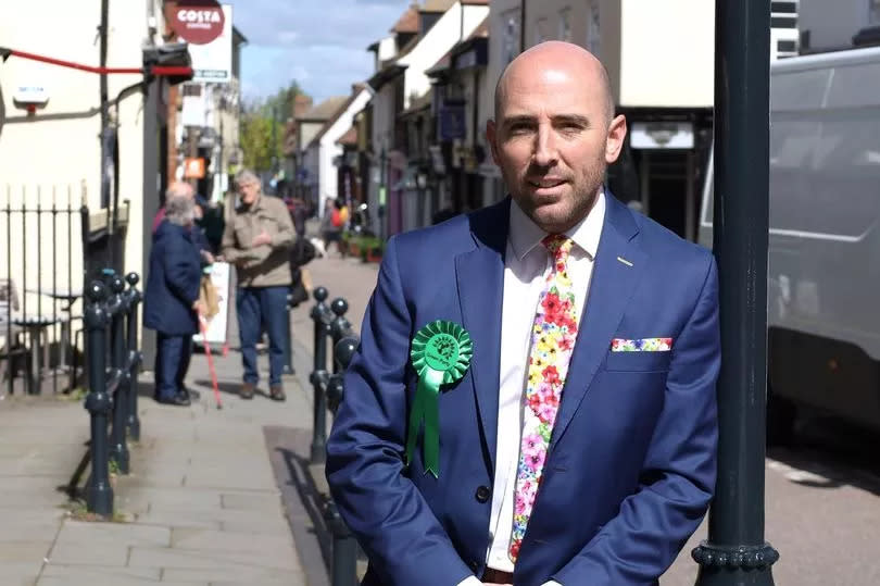 Cllr Matt Fisher, Green Party candidate for the Hertfordshire Police and Crime Commissioner role 2024, when he was on the campaign trail in Royston