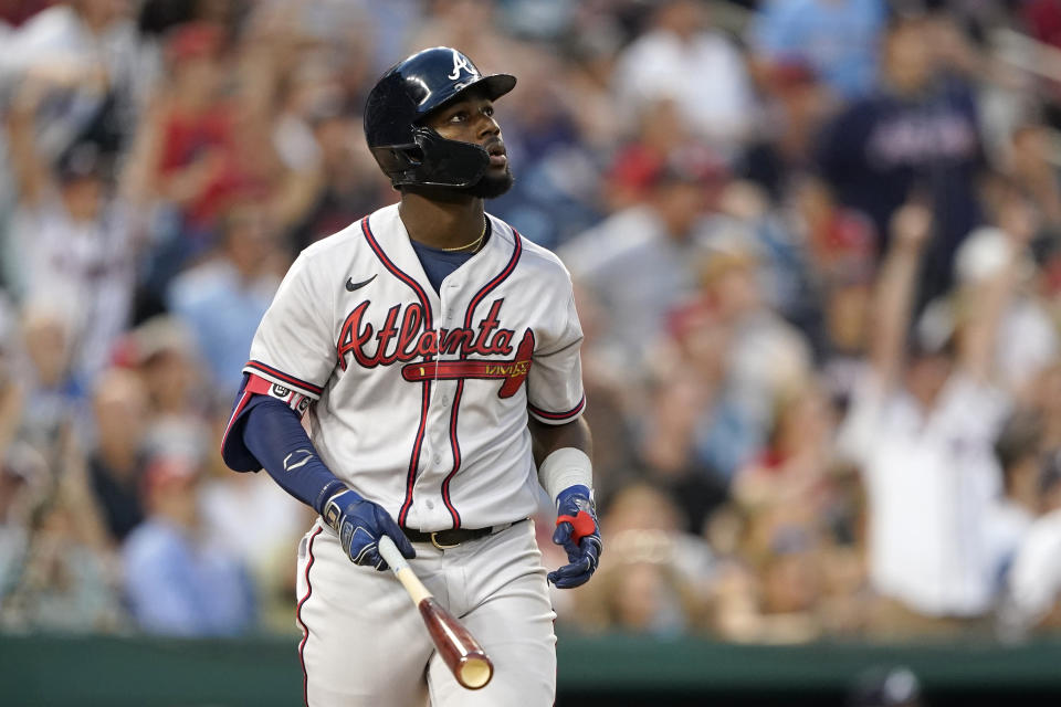 Atlanta Braves' Michael Harris II watches his two-run home run in the fifth inning of a baseball game against the Washington Nationals, Thursday, July 14, 2022, in Washington. (AP Photo/Patrick Semansky)
