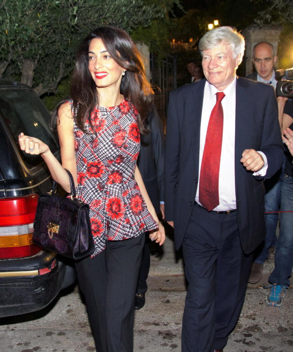 Amal Clooney in an Oscar de la Renta floral top.