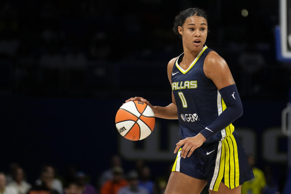 Dallas Wings' Satou Sabally handles the ball during Game 2 of a first-round WNBA basketball playoff series against the Atlanta Dream, Tuesday, Sept. 19, 2023, in Arlington, Texas. (AP Photo/Tony Gutierrez)