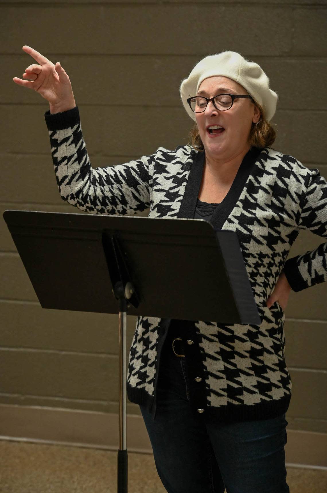 Karyn Czar, an anchor and reporter and Lexington stage performer, is slated to be the emcee and one of the featured performers in “On My Way,” a program of songs by female composers presented by the Lexington Theatre Company Feb. 18, 2023 at First United Methodist Church of Lexington. She is shown is rehearsal at First United Methodist on Feb. 11, 2023 with director Brance Cornelius and music director Nathaniel Beliveau.