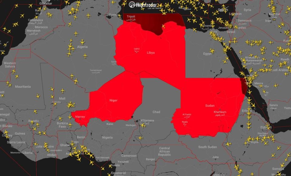 African territories that are off-limits to airlines, including Niger, Libya, and Sudan.