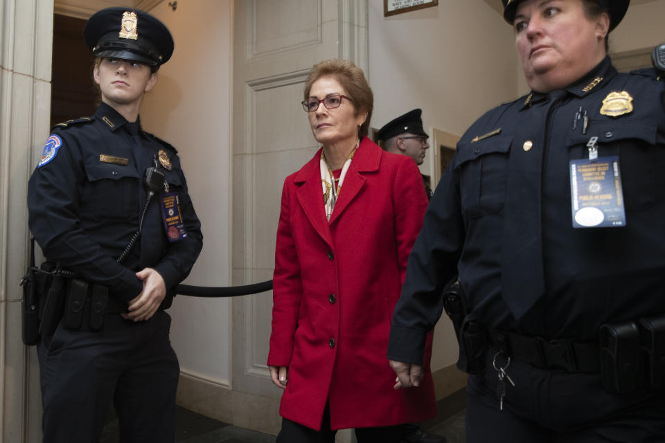 Former U.S. Ambassador to Ukraine Marie Yovanovitch arrives to testify to the House Intelligence Committee, Friday, Nov. 15, 2019, on Capitol Hill in Washington, in the second public impeachment hearing of President Donald Trump's efforts to tie U.S. aid for Ukraine to investigations of his political opponents. (AP Photo/Manuel Balce Ceneta)