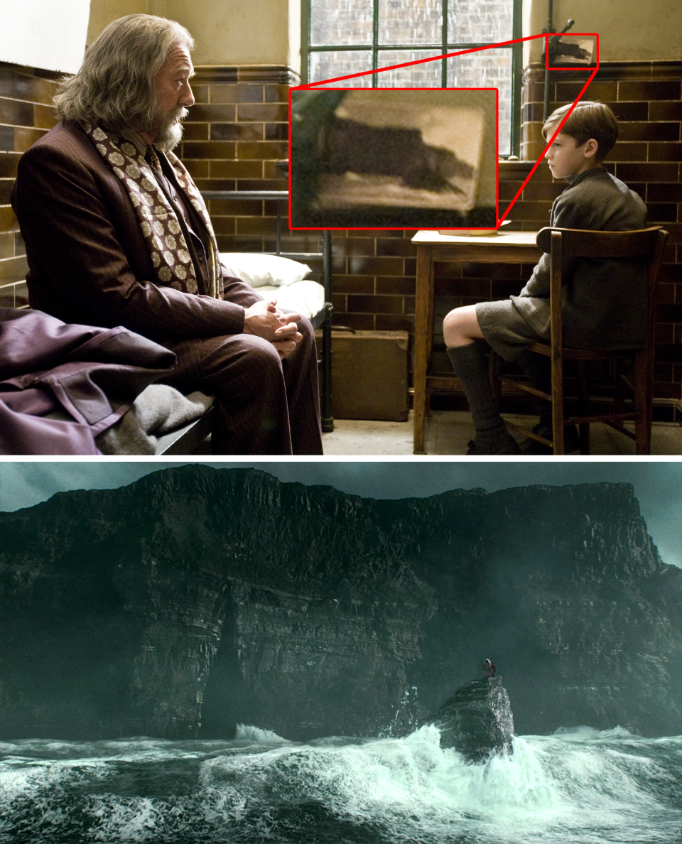 A picture of cliffs in Tom's room and then Dumbledore and Harry at those cliffs