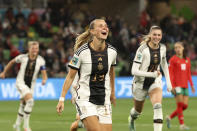 Germany's Klara Buehl celebrates after scoring her side's third goal during the Women's World Cup Group H soccer match between Germany and Morocco in Melbourne, Australia, Monday, July 24, 2023. (AP Photo/Hamish Blair)