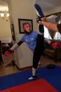 Egyptian Taekwondo practitioner and 2016 Rio Olympics bronze medallist Wahba works out at her home amidst the spread of the coronavirus disease (COVID-19) in Cairo