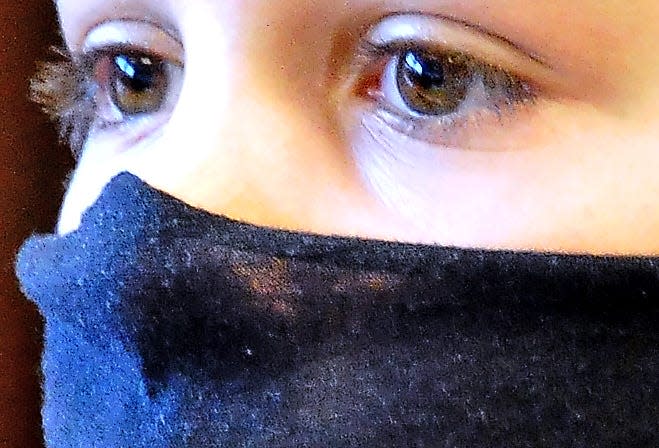 A close up of eyes and mask.