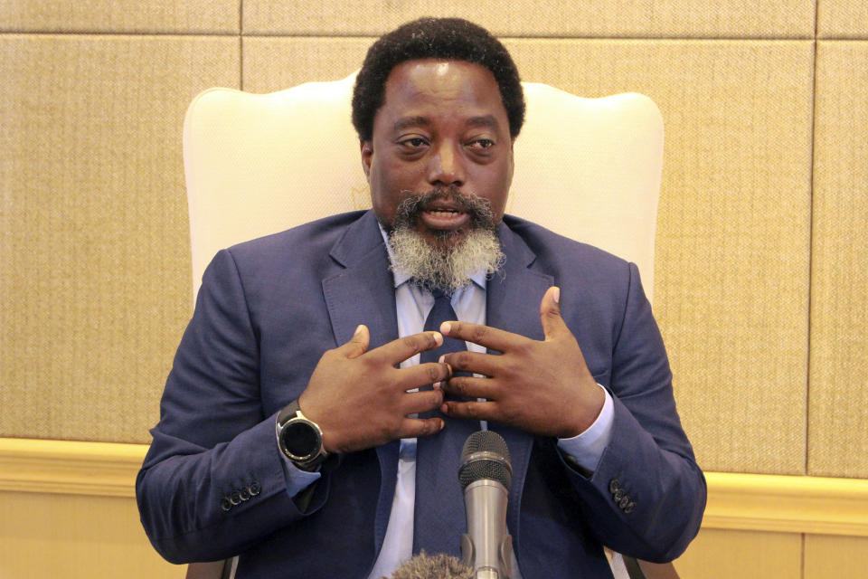 Democratic Republic of Congo's President Joseph Kabila speaks during an interview by the Associated Press at the Nation's Palace in Kinshasa, Sunday Dec. 9, 2018. Kabila is stepping down after this month's election but he doesn't rule out seeking the post again in the future. Kabila said he hopes to continue to be active in tackling the vast challenges that remain in this mineral-rich but "complicated nation." (AP Photo/John Bompengo)