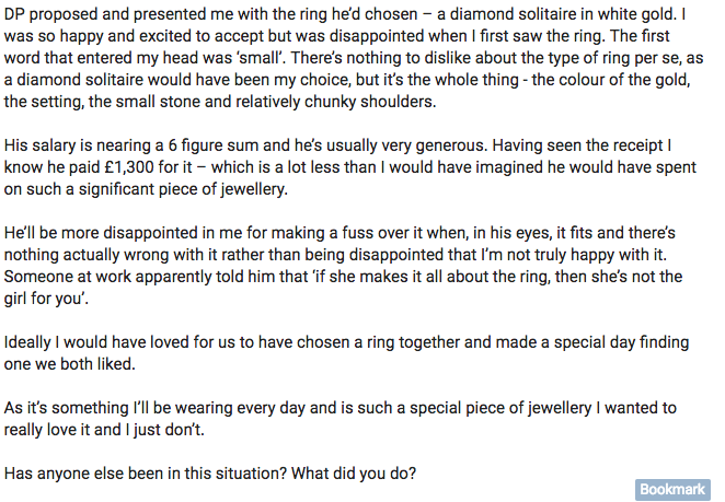 “The first word that entered my head was ‘small,’” a woman said about her engagement ring on a forum. (Photo: Mumsnet)