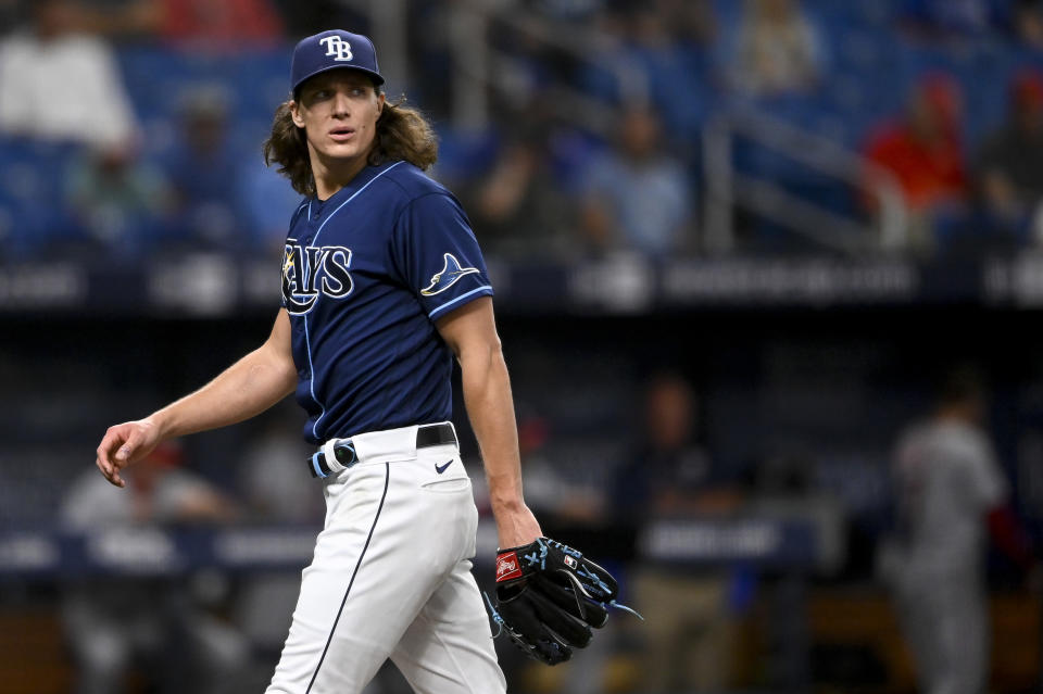 ST PETERSBURG, FLORIDA - JUNE 08: Tyler Glasnow #20 of the Tampa Bay Rays looks on during the first inning against the Washington Nationals at Tropicana Field on June 08, 2021 in St Petersburg, Florida. (Photo by Douglas P. DeFelice/Getty Images)