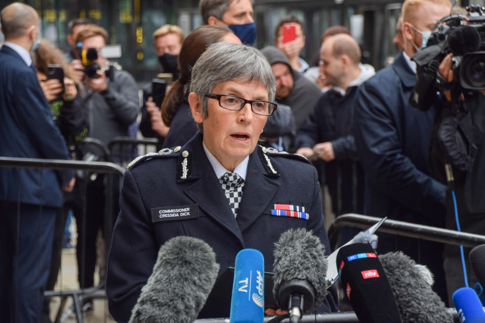 Metropolitan Police Commissioner Cressida Dick gives a statement outside the Central Criminal Court after the sentencing of Sarah Everard's murderer, Wayne Couzens. (Photo by Vuk Valcic / SOPA Images/Sipa USA)