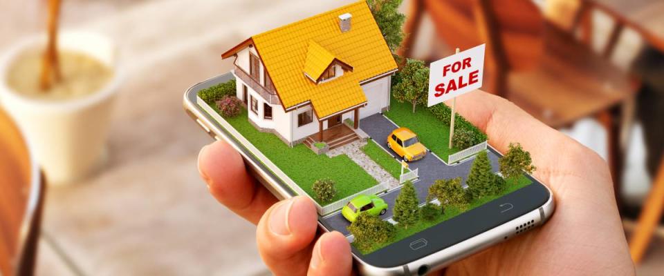 Smartphone application for online searching, buying, selling and booking real estate. Unusual 3D illustration of beautiful house on smartphone in hand