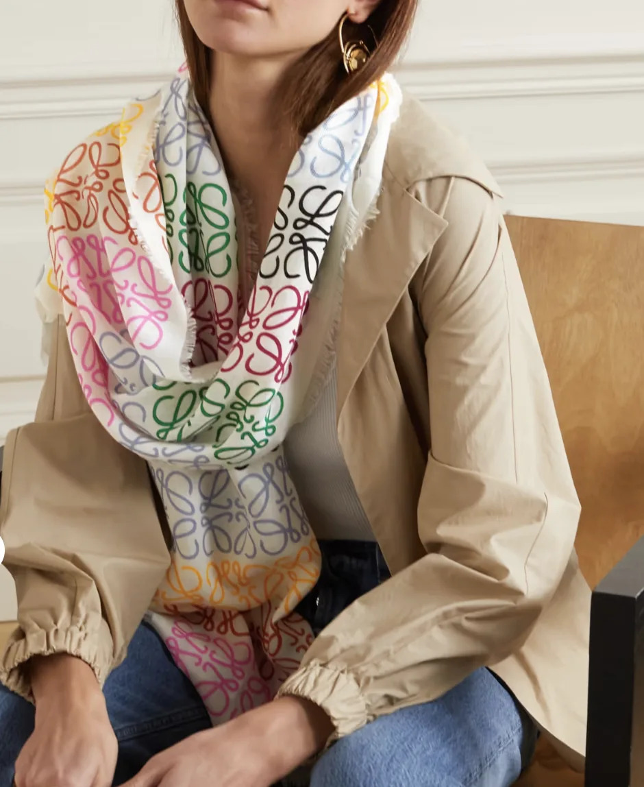 Loewe fringed printed wool, silk and cashmere-blend scarf. PHOTO: Net-A-Porter