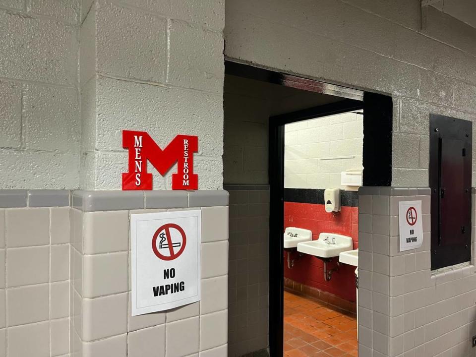 The men’s bathroom at Morehead High School, pictured on April 15, 2024, is one of several student restrooms at the Eden school equipped with vape detectors.