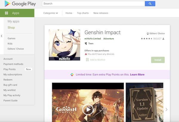 Google Play將Genshin Impact評為年度2020遊戲