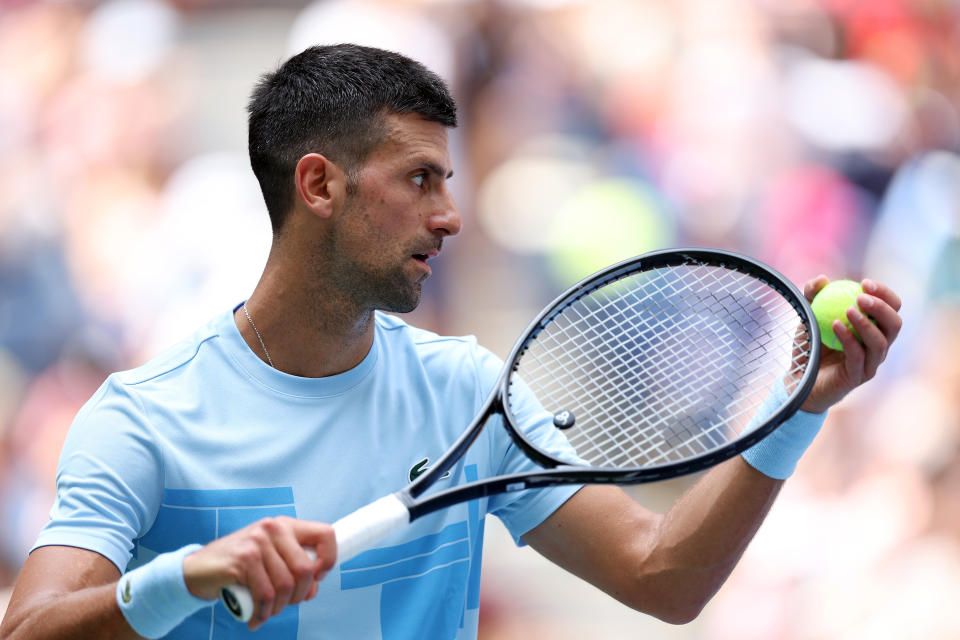 NEW YORK, NEW YORK - AUGUST 24:  Novak Djokovic of Serbia practices ahead of the US Open at USTA Billie Jean King National Tennis Center on August 24, 2024 in New York City.  (Photo by Jamie Squire/Getty Images)