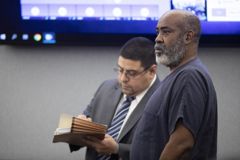 Defense attorney Robert Arroyo, left, stands by Duane "Keffe D" Davis as Davis makes an appearance in Clark County District Court Tuesday, Nov. 7, 2023, in Las Vegas. Davis was arrested in September and has pleaded not guilty to murder in the 1996 killing of rapper Tupac Shakur. (Steve Marcus/Las Vegas Sun via AP, Pool)