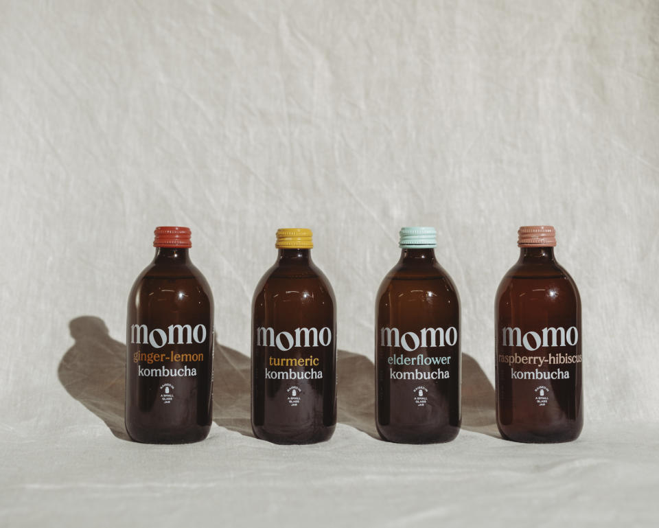 Momo Kombucha has elderflower, ginger lemon, turmeric and raspberry-hibiscus flavours.
