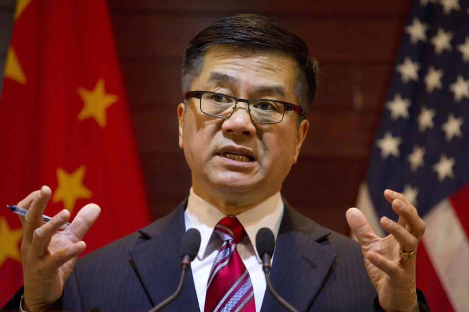 FILE - In this Thursday, Feb. 27, 2014, file photo, Gary Locke, the outgoing U.S. ambassador to China, speaks during a farewell news conference held at the U.S. Embassy in Beijing. A major Chinese government news service used a racist slur to describe Locke in a mean-spirited editorial on Friday that drew widespread public condemnation in China. (AP Photo/Ng Han Guan, Pool, File)